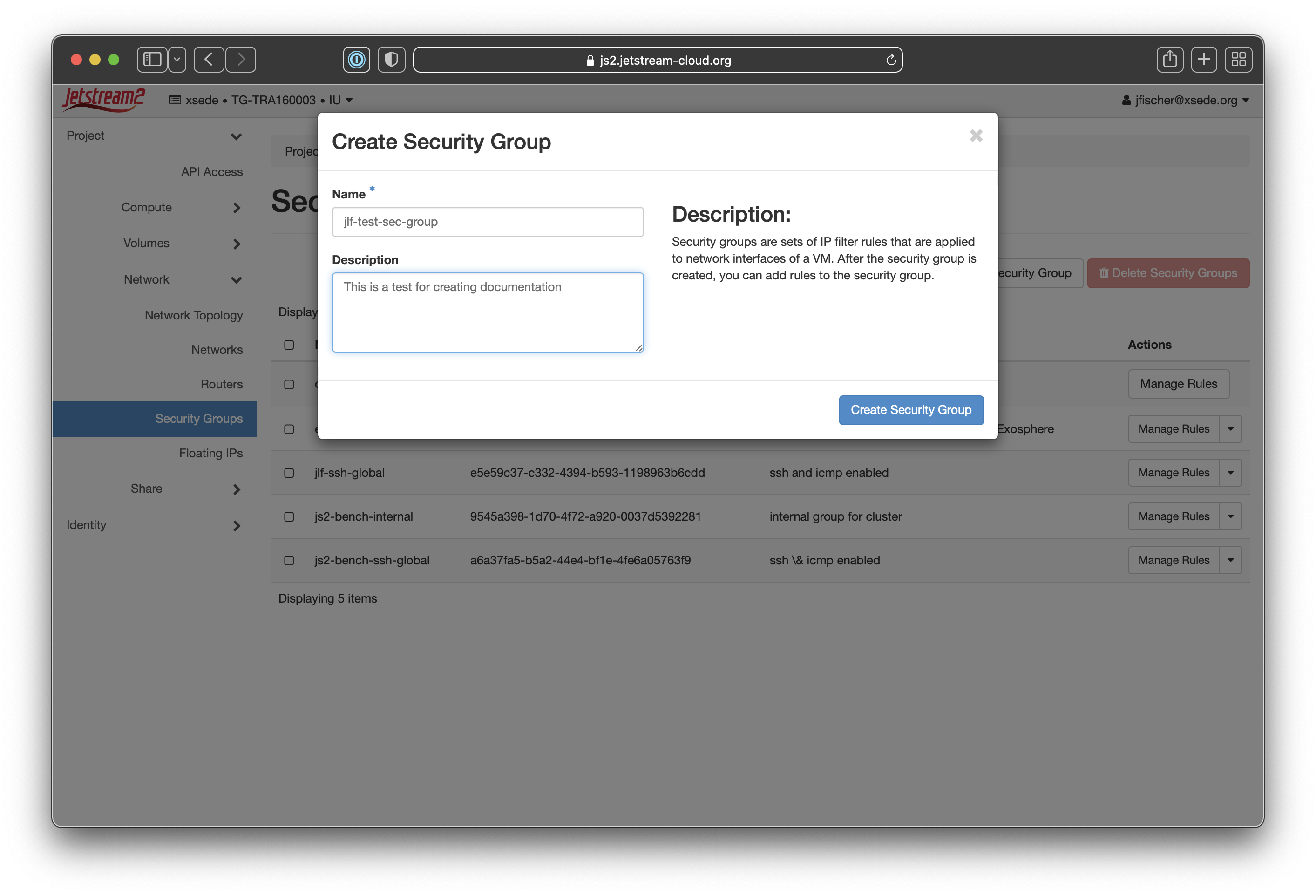 Screenshot of the "Create Security Group" modal. The "Name" field is populated with "jlf-test-sec-group" and the "Description" field is populated with "This is a test for creating documentation."